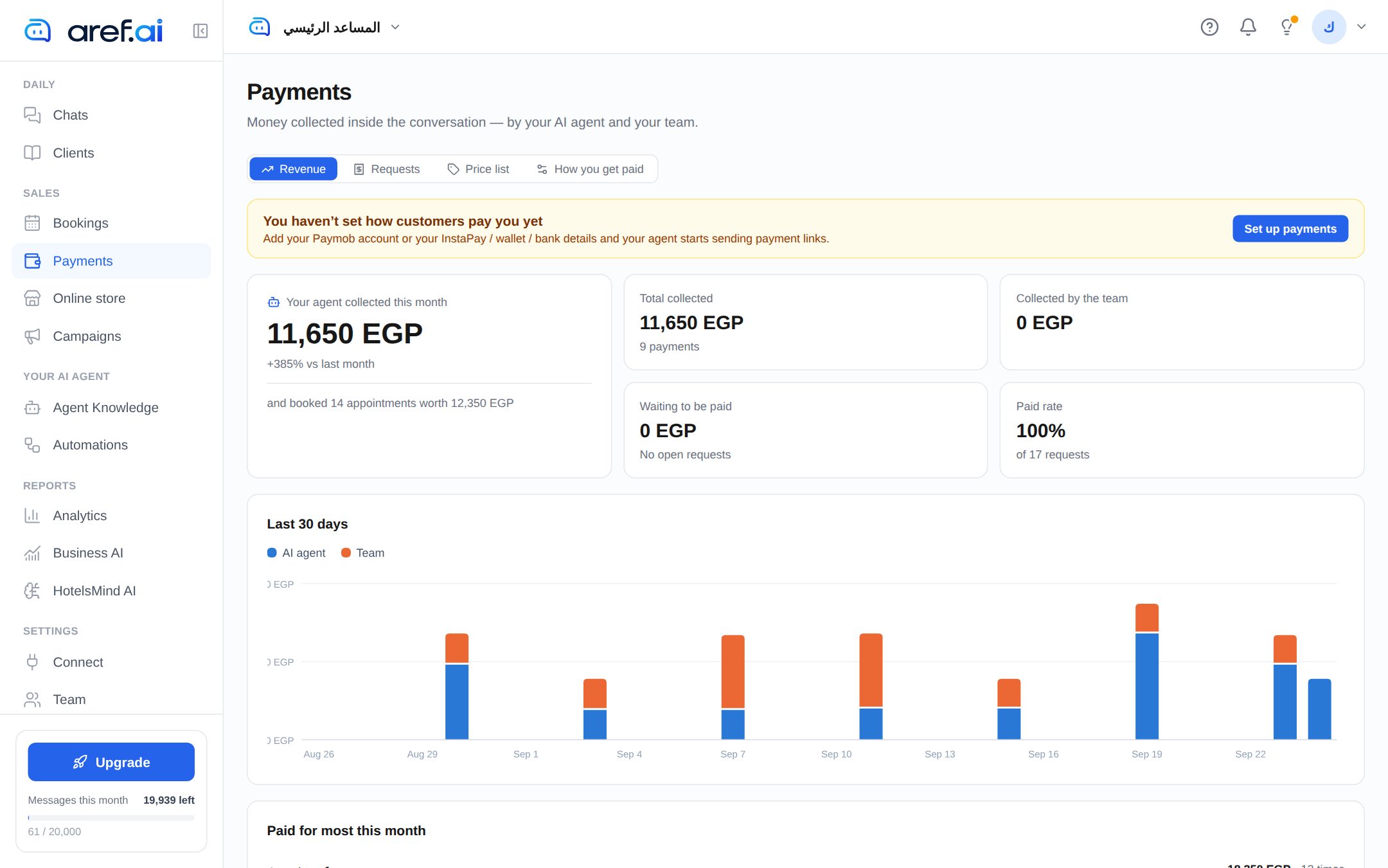 aref.ai dashboard screenshot — Payments